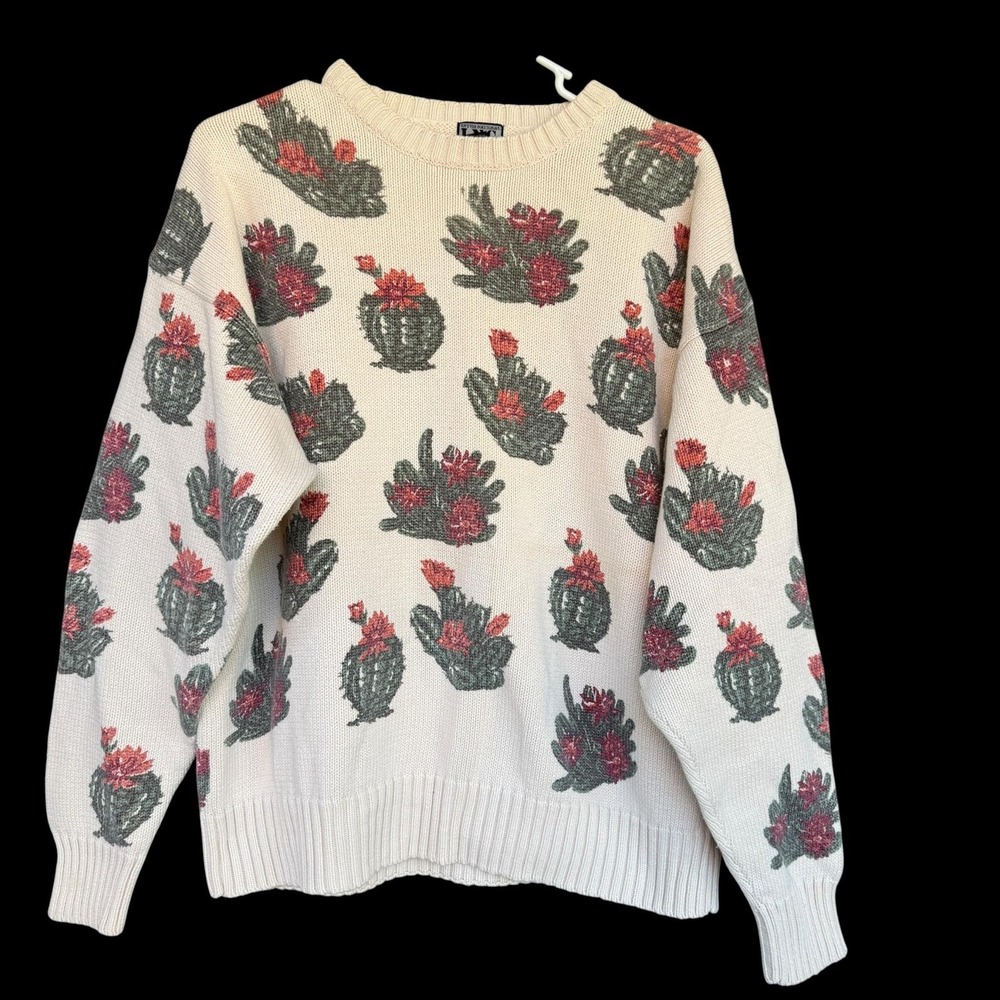 INC International Concepts Sweater Womens XL Cream Cactus Print Pullover Knit